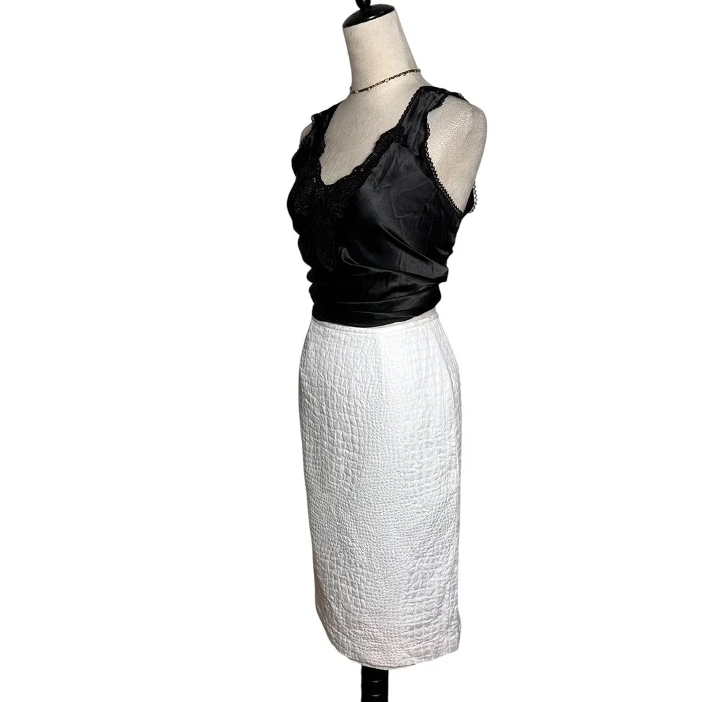 Lafayette 148 New York White Croc Embossed Cotton Pencil Skirt 2| Neutral Office